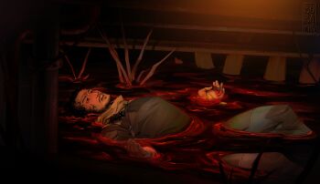 Rule 34 | 1boy, absurdres, black hair, blank stare, blood, bubakiis, fine art parody, floating, furrowed brow, headband, highres, iron lung (movie), knees up, male focus, ophelia (painting), parody, parted lips, partially submerged, pool of blood, popped collar, ripples, short hair, simon (iron lung), solo, tunic, wavy hair