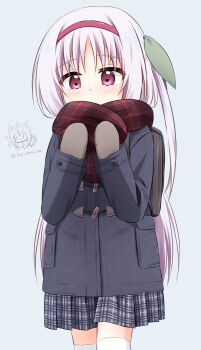 Rule 34 | 1girl, bag, blush, brown mittens, coat, commentary request, grey skirt, hairband, highres, long hair, mittens, original, paid reward available, pleated skirt, red scarf, ri-net, scarf, simple background, skirt, solo, thighhighs, very long hair, white thighhighs