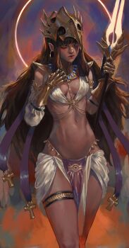 Rule 34 | 1girl, ankh, bare hips, bare shoulders, black hair, blue eyes, body chain, breasts, breasts apart, commentary request, dark skin, earrings, egyptian mythology, energy spear, genderswap, genderswap (mtf), gold can, gold earrings, gold gauntlets, gold helmet, groin, halo, hand on own chest, helmet, heterochromia, holding, holding polearm, holding weapon, hoop earrings, horus (mythology), jewelry, legband, long hair, lowleg, lowleg panties, navel, original, panties, pointy ears, polearm, puffy sleeves, red eyes, red halo, ribs, single sleeve, solo, thighs, underwear, very long hair, weapon