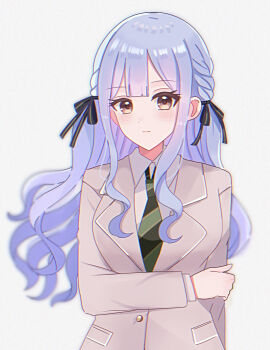 Rule 34 | 1girl, bang dream!, bang dream! it's mygo!!!!!, black ribbon, blazer, blue hair, blurry, braid, breasts, buttons, collared shirt, commentary, depth of field, dot nose, double-parted bangs, expressionless, floating hair, green necktie, grey background, hand on own arm, haneoka school uniform, highres, jacket, lapels, large breasts, light blush, long hair, necktie, notched lapels, ribbon, school uniform, shiroiro obake, shirt, solo, togawa sakiko, two side up, upper body, wavy sidelocks, white shirt, yellow eyes