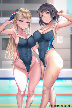 Rule 34 | 2girls, arm up, armpits, ass, black hair, blonde hair, blue eyes, breasts, cleavage, competition swimsuit, covered navel, green eyes, highleg, highleg one-piece swimsuit, large breasts, long hair, looking at viewer, multiple girls, one-piece swimsuit, original, outdoors, pool, swimsuit, viola (seed), wet, wide hips