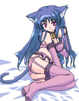 Rule 34 | 1girl, animal ears, bell, blue hair, bra, cat ears, cat tail, collar, elbow gloves, female focus, garter belt, gloves, kamisato kisugi, lingerie, long hair, lowres, neck bell, oekaki, panties, purple panties, red eyes, solo, tail, thighhighs, underwear, underwear only
