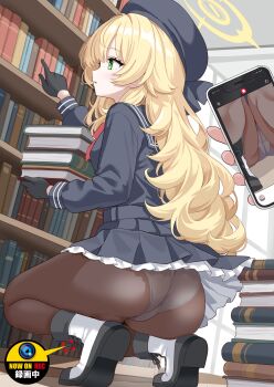 1girl 1other ass beret black_gloves black_hat black_pantyhose black_sailor_collar black_serafuku black_shoes black_skirt blonde_hair blue_archive blue_serafuku blue_skirt book bookshelf boots bow bowtie breasts cellphone commentary_request commission fluffy_hair frilled_skirt frills gloves green_eyes halo hat hidden_camera highres holding holding_book holding_phone indoors library long_hair long_sleeves miniskirt panties panties_under_pantyhose pantyhose phone pile_of_books pixiv_commission pleated_skirt professor_niyaniya_(blue_archive) recording red_bow red_bowtie sailor_collar school_uniform serafuku shimouki_izui shoes side_ahoge skirt small_breasts smartphone socks solo_focus squatting underwear upskirt variant_set very_long_hair voyeur_pov voyeurism white_panties white_socks yellow_halo