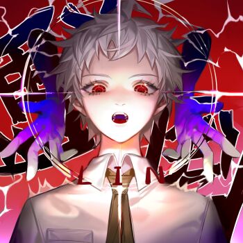 Rule 34 | 1boy, ahoge, artist name, black necktie, breast pocket, collared shirt, commentary request, danganronpa (series), danganronpa 2: goodbye despair, disembodied hand, eyelashes, gradient background, highres, hinata hajime, hinata hajime (awakened), lin09, looking at viewer, necktie, open mouth, pocket, portrait, red background, red eyes, shirt, short bangs, short hair, white hair, white shirt