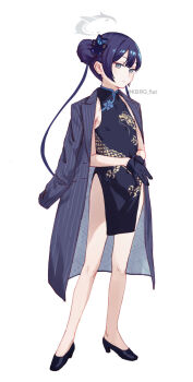 Rule 34 | 1girl, black gloves, black hair, blue archive, blue eyes, butterfly hair ornament, china dress, chinese clothes, coat, coat on shoulders, double bun, dragon print, dress, eyeliner, full body, gloves, hair bun, hair ornament, halo, high heels, highres, kbrg, kisaki (blue archive), looking at viewer, makeup, simple background, solo, twintails, variant set, white background