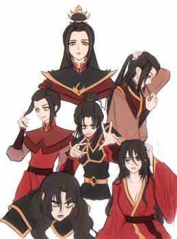 1girl absurdres avatar_legends azula black_hair bunching_hair closed_mouth commentary english_commentary hair_ornament hair_tie highres holding holding_hair_tie long_hair mlkywy multiple_views one_eye_closed open_mouth parted_lips red_robe robe smile topknot white_background yellow_eyes