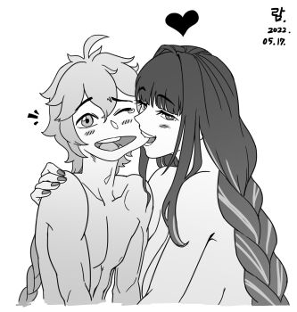 1boy 1girl aether_(genshin_impact) ahoge bare_pectorals bare_shoulders biting biting_cheek blunt_bangs blush braid breasts collarbone completely_nude couple curly_hair dated friends from_side genshin_impact hair_between_eyes hand_on_another&#039;s_shoulder heart hetero highres huge_ahoge huge_breasts implied_sex korean_commentary long_braid looking_at_viewer mixed-language_commentary monochrome multicolored_hair muscular muscular_male nipples nude one_eye_closed open_mouth pectorals raiden_shogun ranger_squirrel shade sideboob single_braid streaked_hair tearing_up teeth toned toned_male upper_body