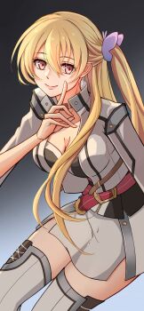 Rule 34 | 1girl, alisa reinford, blonde hair, breasts, cleavage, cropped jacket, double-parted bangs, eiyuu densetsu, gradient background, hair between eyes, highres, jacket, large breasts, long hair, looking at viewer, one side up, open clothes, open jacket, over-kneehighs, red eyes, riwancece 428, sen no kiseki, sen no kiseki (series), sen no kiseki iii, side ponytail, simple background, smile, solo, thighhighs