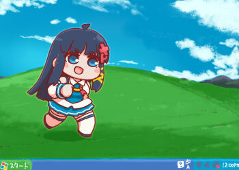 1girl :d ahoge black_hair bliss_(image) blue_eyes blue_skirt blue_sky blush_stickers chibi chibi_only cloud commentary_request day desktop_(computing) detached_sleeves hair_ornament hill imuhata_shimuro letter_hair_ornament long_hair long_sleeves microsoft_windows miniskirt no_nose open_mouth os-tan running skirt sky smile solo taskbar thighhighs white_sleeves white_thighhighs windows_xp xp-tan