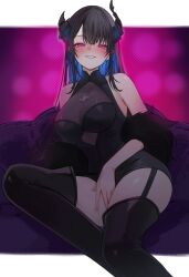 Rule 34 | 1girl, absurdres, asymmetrical horns, bare shoulders, black hair, blue hair, breasts, colored inner hair, demon horns, glowing, glowing eyes, hair ornament, highres, hololive, hololive english, horns, long hair, looking at viewer, mole, mole under eye, multicolored hair, narrowed eyes, nerissa ravencroft, official alternate costume, pink eyes, shou3 2, smile, smug, solo, two-tone hair, uneven horns, virtual youtuber