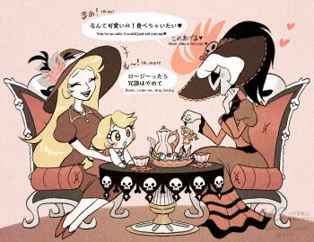 3girls black_dress blonde_hair charlie_morningstar commentary_request demon_girl dress hat hazbin_hotel hellaverse lilith_(hazbin_hotel) long_hair multiple_girls pompomhz red_dress rosie_(hazbin_hotel) sitting white_hair