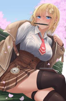 1girl absurdres black_thighhighs blonde_hair blue_eyes blush bra_visible_through_clothes breasts brown_capelet capelet commentary english_commentary hair_ornament highres hololive hololive_english kanji_(white7night) large_breasts long_sleeves looking_at_viewer mouth_hold necktie pen_in_mouth plaid_clothes plaid_skirt pocket_watch red_necktie shirt short_hair skirt solo thigh_strap thighhighs virtual_youtuber watch watson_amelia watson_amelia_(1st_costume) wet wet_clothes wet_hair wet_shirt white_shirt