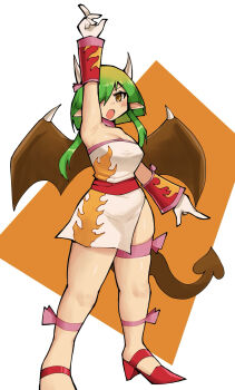 Rule 34 | 1girl, :o, alternate costume, alternate hairstyle, arm up, blush, brown background, brown eyes, commentary request, draco centauros, dragon girl, dragon horns, dragon tail, dragon wings, fang, flame print, green hair, hair over one eye, henshin pose, highres, horns, index finger raised, kurokogeee, leg ribbon, long bangs, open mouth, orange tube top, orange wrist cuffs, pink ribbon, pink trim, pointy ears, puyopuyo, red sash, red shoes, red wrist cuffs, ribbon, sandals, sash, shoes, short hair, short hair with long locks, side slit, simple background, solo, strapless, swept bangs, tail, tube top, two-tone tube top, two-tone wrist cuffs, v-shaped eyebrows, white background, white tube top, wings, wrist cuffs