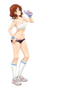 1girl absurdres blush bottle bow bow_panties breasts brown_hair cleavage collarbone drinking frilled_panties frills gym_uniform hibike!_euphonium highres medium_breasts navel nia_depain nipples oumae_kumiko panties pulling see-through_clothes see-through_sports_bra shoes short_hair simple_background sneakers socks solo sports_bikini sports_bra strap_slip sweat underwear water_bottle wet wet_clothes white_panties wristband