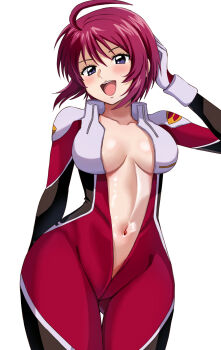 1girl absurdres ahoge blush breasts cleavage commentary_request cowboy_shot gloves gluteal_fold gundam gundam_seed gundam_seed_destiny hand_in_own_hair highres lunamaria_hawke mecha_pilot_suit medium_breasts medium_hair navel nootomo purple_eyes purple_hair smile solo teeth thigh_gap thigh_strap unzipped upper_teeth_only white_gloves wide_hips