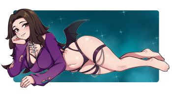 1girl barefoot bat_wings blue_background border bra breasts brown_eyes brown_hair commentary commission english_commentary full_body head_rest highres large_breasts legs long_hair long_sleeves looking_at_viewer lying multi-strapped_panties on_side oninuer original outside_border panties parted_lips purple_bra purple_panties purple_shirt shirt smile solo thigh_strap toes torn_clothes torn_shirt underwear white_border wings