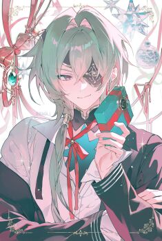 Rule 34 | 1boy, anaxa (honkai: star rail), bishounen, black jacket, bow, box, christmas, christmas ornaments, closed mouth, commentary, english commentary, eyepatch, gift, gift box, green hair, hair between eyes, hair intakes, hair over shoulder, highres, holding, holding gift, honkai: star rail, honkai (series), jacket, long hair, long sleeves, looking at viewer, low ponytail, male focus, one eye covered, ponytail, purple eyes, q (llll4414 j), red bow, red ribbon, ribbon, shirt, smile, solo, upper body, white background, white shirt