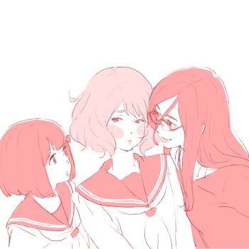 Rule 34 | 3girls, 55bata6rou, averting eyes, blush, closed mouth, glasses, hair between eyes, hibike! euphonium, highres, hisaishi kanade, kitauji high school uniform, long hair, looking at another, monochrome, multiple girls, neckerchief, oumae kumiko, sailor collar, school uniform, short hair, simple background, smile, tanaka asuka, upper body, white background