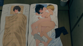 1girl 2boys age_difference ass bare_shoulders barefoot bed_sheet black_eyes black_hair blush bottomless breasts breasts_out brother_and_sister closed_eyes clothes_lift clothes_pull embarrassed feet from_above futon grabbing_another's_breast groping hair_between_eyes highres incest indoors kemuri_haku legs lying medium_breasts medium_hair multiple_boys nipples no_eyes on_side original panties panty_pull pillow sex shirt shirt_lift short_shorts shorts shorts_pull shota siblings sleeping spooning stealth_sex tatami thighs toaru_daikazoku_no_okazu_jijou:_mamagawari_onee-chan_funtouki toes underwear unworn_shorts vaginal white_shirt