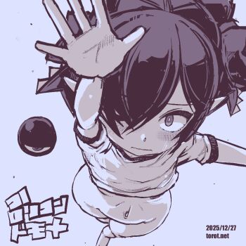 1girl alternate_hairstyle arm_up backbeako_(torotei) backbeard bare_legs barefoot blue_background blue_theme blush bottomless closed_mouth commentary constricted_pupils crossed_ankles dated dated_commentary from_above gegege_no_kitarou gym_shirt hair_over_one_eye hair_ribbon kono_lolicon_domome loli looking_at_viewer looking_up monochrome navel one_eye_closed original paid_reward_available pointy_ears ribbon shirt short_hair short_sleeves simple_background solo standing sweatdrop torotei translated variant_set watermark web_address