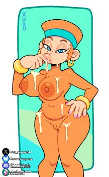 1girl ape artist_name blue_eyes bluesky_logo bluesky_username bracelet breasts candy_kong colored_skin commentary curvy discord_logo discord_username donkey_kong_(series) donkey_kong_country donkey_kong_country_(cartoon) earrings english_commentary feet_out_of_frame furry furry_female headband highres hoop_earrings jewelry large_breasts licking_finger nail_polish navel nintendo nipples nude orange_hair pussy seductive_gaze sidelocks solo somescrub subscribestar_logo subscribestar_username suggestive_fluid thick_lips thick_thighs thighs twitter_logo twitter_username wide_hips