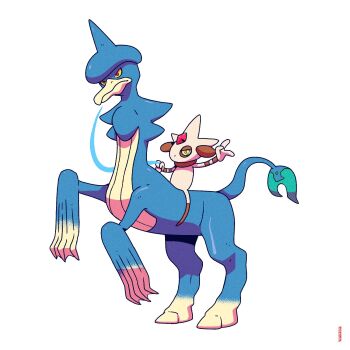 alternate_form artist_request expressionless full_body fusion gen_2_pokemon gen_4_pokemon highres honchkrow horns meme nintendo no_humans original_form_pokemon_(meme) parody pedro_larez pokemon pokemon_(creature) riding simple_background smeargle standing tail what