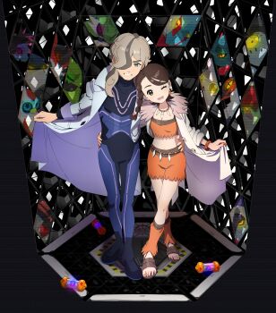 1boy 1girl absurdres arven_(pokemon) blue_eyes bodysuit brown_eyes brown_hair brute_bonnet coat commentary cosplay flutter_mane grey_hair hair_ornament hair_over_one_eye hand_on_another&#039;s_hip highres iron_bundle iron_hands_(pokemon) iron_jugulis iron_moth iron_thorns iron_valiant jewelry juliana_(pokemon) lab_coat long_hair long_sleeves necklace nintendo one_eye_closed open_clothes open_coat open_mouth pokemon pokemon_(creature) pokemon_sv professor_sada professor_sada_(cosplay) professor_turo professor_turo_(cosplay) roaring_moon sandy_shocks scream_tail skirt slither_wing standing tli_eilt_pk