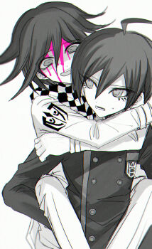 2boys ahoge arms_around_neck black_hair blood blood_on_face buttons carrying checkered_clothes checkered_scarf chromatic_aberration collared_jacket crazy_eyes danganronpa_(series) danganronpa_v3:_killing_harmony eyelashes film_grain flipped_hair greyscale hair_between_eyes highres hzz_hz injury jacket long_sleeves male_focus monochrome multiple_boys oma_kokichi open_mouth piggyback pink_blood ringed_eyes saihara_shuichi scarf short_hair simple_background spot_color two-tone_scarf upper_body wide-eyed