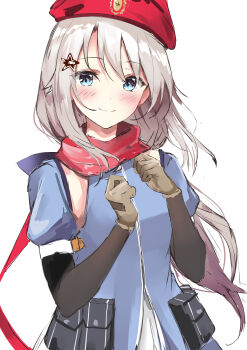 1girl 9a-91_(girls&#039;_frontline) absurdres aizawa_(aizawatsu) beret blue_eyes blush commentary girls&#039;_frontline gloves grey_hair hair_ornament hat highres light_smile looking_at_viewer red_hat simple_background solo star_(symbol) star_hair_ornament white_background