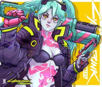 1girl absurdres artificial_eye black_bra bra breasts cleavage colored_sclera colored_skin cyberpunk_(series) cyberpunk:_edgerunners green_hair gun handgun highres holding holding_gun holding_weapon lips long_hair mechanical_arms mechanical_eye rebecca_(cyberpunk) red_sclera sazno&#039;r shotgun small_breasts solo tattoo trigger_discipline twintails underwear upper_body weapon yellow_background