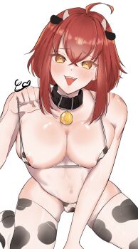 1boy animal_print artist_request bad_id bad_pixiv_id bikini cow_print cow_print_bikini cow_print_thighhighs grimms_notes hahn_(grimms_notes) hand_up highres looking_at_viewer male_focus medium_hair navel print_bikini print_thighhighs puffy_male_chest red_hair simple_background smile solo swimsuit teeth thighhighs tongue tongue_out trap upper_teeth_only white_background yellow_eyes