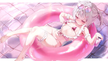 1girl arm_garter barefoot bikini border breasts can commentary_request drinking_straw eyewear_on_head frilled_garter frills furrowed_brow hair_ornament hairclip hairpin hands_up heart heart-shaped_eyewear highres holding holding_can kakuma_aru lying medium_hair micro_bikini navel on_back original outside_border pink-framed_eyewear pink-tinted_eyewear pink_bikini pink_eyes pool raised_eyebrows shiny_clothes single_bare_leg small_breasts solo sunglasses swim_ring swimsuit tinted_eyewear twintails water white_border white_hair