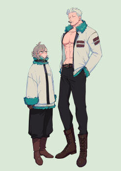 1boy 1girl abs absurdres antenna_hair arms_at_sides baggy_pants belt belt_buckle black_belt black_pants boots brown_belt brown_boots brown_eyes brown_gloves buckle cigar closed_mouth commentary_request full_body fur-trimmed_jacket fur-trimmed_sleeves fur_trim gloves green_background green_eyes grey_hair hair_between_eyes hands_in_pockets height_difference highres jacket kabane_(rjev8385) lace-up long_sleeves looking_at_viewer matching_outfits mouth_hold muscular muscular_male no_shirt oc_x_canon one_piece open_clothes open_jacket original pants pectorals ponytail short_ponytail sleeves_past_wrists smoker_(one_piece) standing swept_bangs unzipped white_hair white_jacket