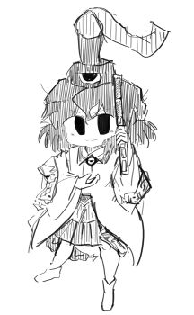 1other androgynous aodo_mikan bare_legs closed_mouth commentary_request detached_sleeves eye_of_senri full_body greyscale hair_between_eyes hakama hakama_short_skirt hakama_skirt happy hat hat_ribbon highres holding holding_rod japanese_clothes jinbei_(clothes) kariginu knees legs_apart len&#039;en long_sleeves looking_at_viewer medium_hair messy_hair monochrome object_floating_above_hand ofuda ofuda_on_clothes other_focus ribbon rod senri_tsurubami simple_background skirt smile socks solo standing tate_eboshi white_background wide_sleeves