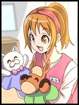 Rule 34 | 1girl, animal puppet, apron, brown eyes, drilljapan, hairband, hand puppet, high ponytail, highres, indoors, jikkyou powerful pro yakyuu, jikkyou powerful soccer, kindergarten teacher, name tag, okuzono ayu, open mouth, orange hair, pink apron, pink hairband, ponytail, puppet, shirt, short hair, solo, teeth, upper teeth only, white shirt