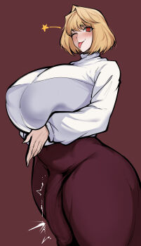 :p absurdres alternate_body_size alternate_breast_size_(larger) arcueid_brunestud arms_under_breasts ass blonde_hair breasts bulge fang fingernails futanari gigantic_breasts hair_between_eyes hair_intakes highres huge_ass large_penis long_skirt looking_at_viewer melty_blood_arcueid_figure_(meme) meme one_eye_closed owner1657 penis purple_skirt sharp_fingernails short_hair skirt smile solo sweater thick_thighs thighs tight_clothes tongue tongue_out tsukihime turtleneck turtleneck_sweater white_sweater wide_hips
