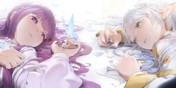 2girls absurdres blue_butterfly blunt_bangs bracelet bug butterfly capelet clenched_hand commentary craizuss earrings elf fern_(sousou_no_frieren) frieren green_eyes hand_on_own_chest high_collar highres holding holding_jewelry holding_ring insect jewelry long_hair long_sleeves looking_to_the_side lying multiple_girls on_back on_stomach open_hand parted_lips pointy_ears purple_eyes purple_hair ring robe simple_background sousou_no_frieren teardrop_earrings teeth twintails upper_body white_background white_capelet white_hair white_robe