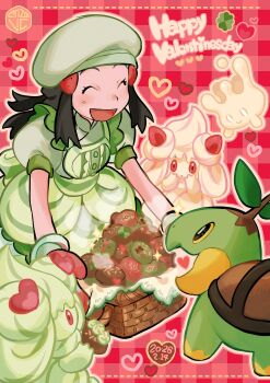 Rule 34 | 1girl, alcremie, alcremie (matcha cream), alcremie (strawberry sweet), basket, black hair, blush, chef hat, closed eyes, clover, commentary request, dated, dawn (palentine's 2021) (pokemon), dawn (pokemon), dress, elizabeth (tomas21), food, four-leaf clover, gen 4 pokemon, gen 8 pokemon, gloves, green dress, green hat, hair ornament, hairclip, happy, happy valentine, hat, heart, highres, holding, milcery, mixed-language commentary, nintendo, open mouth, pink background, poffin, pokemon, pokemon (creature), pokemon masters ex, sidelocks, smile, sparkle, turtwig, valentine