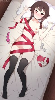1girl :q absurdres anal_beads artist_name black_thighhighs blush bound breasts brown_hair candy chocolate chocolate_heart collarbone commentary commentary_request condom food full_body hands_up heart heart-shaped_food heart-shaped_pupils highres kono_subarashii_sekai_ni_shukufuku_wo! loli looking_at_viewer lying megumin naked_ribbon navel nipples no_shoes on_back one_breast_out pillow red_eyes red_ribbon ribbon ribbon_bondage roswell_ss sex_toy sidelocks small_breasts solo symbol-shaped_pupils thighhighs tongue tongue_out twitter_username