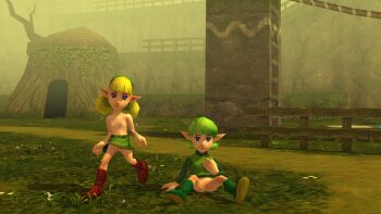1girl 2girls 3d artist_request blonde_hair blue_eyes bottomless cleft_of_venus fado fado_(ocarina_of_time) flat_chest green_hair kokiri loli looking_at_viewer multiple_girls nintendo outdoors pointy_ears saria_(zelda) short_hair spread_legs the_legend_of_zelda the_legend_of_zelda:_ocarina_of_time topless_female upskirt