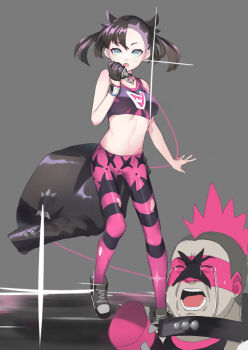1boy 1girl asymmetrical_bangs black_choker black_hair breasts choker crying dynamax_band full_body glint gloves green_eyes grey_background hair_ribbon happy_tears highres holding holding_microphone marnie_(pokemon) microphone midriff mohawk music navel nintendo open_mouth pants pokemon pokemon_swsh ribbon shoes simple_background singing single_glove small_breasts solo_focus sports_bra stomach team_yell_grunt tears tight_clothes tight_pants tittu torn_clothes torn_pants undercut