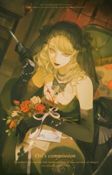 1girl absurdres bead_necklace beads black_bow black_dress black_gloves black_veil blonde_hair blood blood_on_chest bow breasts cleavage closed_mouth commission dress elbow_gloves eyelashes gem gloves highres indoors jewelry lips long_hair looking_at_viewer medium_breasts mihuashi_commission mole mole_under_eye necklace original oxi206 pearl_(gemstone) pearl_necklace smile solo veil watermark