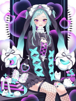 1girl absurdres aqua_hair artist_name black_dress blush bow breasts bubble cake cake_slice cat_cutout cherry cleavage cleavage_cutout clothing_cutout collar commentary cross cross_hat_ornament cupcake dress fishnet_thighhighs fishnets food frilled_collar frilled_skirt frills fruit ghost hand_between_thighs hat hat_bow heart highres lace lace-trimmed_dress lace_trim long_sleeves looking_at_viewer medium_breasts medium_hair open_mouth original peanut_mouth plate purple_eyes short_bangs sitting skirt solo spiked_bow spiked_collar spiked_dress spikes symbol-only_commentary thighhighs wanko_(yurika0320) white_bow white_collar