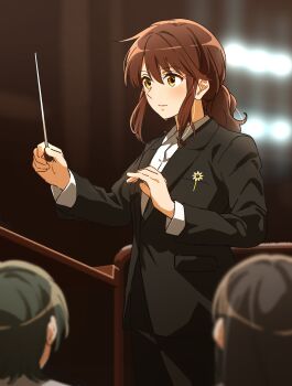 Rule 34 | 3girls, absurdres, aged up, black hair, black jacket, black pants, black suit, blurry, blurry background, blush, brown eyes, brown hair, character request, collared shirt, commentary, conductor, conductor baton, cowboy shot, dress pants, dress shirt, flower, formal clothes, fuyuhino, hair between eyes, hibike! euphonium, highres, holding baton, jacket, katou hazuki, long sleeves, low ponytail, multiple girls, oumae kumiko, pants, ponytail, shirt, short hair, solo focus, standing, suit, suit jacket, sweat, white shirt, yellow flower