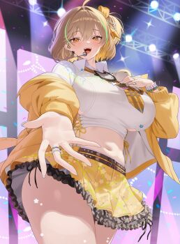 1girl absurdres ahoge anis_(nikke) anis_(star)_(t.t._star)_(nikke) blush breasts brown_hair commentary confetti cropped_shirt ddog goddess_of_victory:_nikke headset highres idol jacket jewelry large_breasts looking_at_viewer midriff navel necktie official_alternate_costume open_mouth outstretched_arm plaid_clothes plaid_necktie reaching reaching_towards_viewer screen shirt short_hair skirt smile stage stage_lights star_(symbol) sweat teeth upper_teeth_only white_shirt yellow_jacket yellow_necktie yellow_skirt