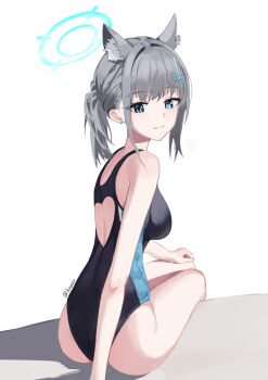 1girl absurdres animal_ear_fluff animal_ears ass black_one-piece_swimsuit blue_archive blue_eyes breasts chinese_commentary clothing_cutout commentary_request competition_swimsuit cross_hair_ornament extra_ears from_behind grey_hair hair_ornament halo heart_cutout highres kuonxv looking_at_viewer looking_back low_ponytail medium_breasts medium_hair mismatched_pupils multicolored_swimsuit official_alternate_costume one-piece_swimsuit ponytail shiroko_(blue_archive) shiroko_(swimsuit)_(blue_archive) simple_background sitting smile solo swimsuit white_background wolf_ears