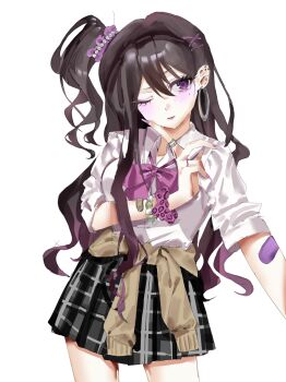 Rule 34 | 1girl, ;p, absurdres, alternate costume, alternate hairstyle, animal print, anohinokis, bandaid, bandaid on arm, bang dream!, bang dream! it's mygo!!!!!, bead bracelet, beads, black hair, black skirt, bow, bowtie, bracelet, breasts, brown cardigan, cardigan, cardigan around waist, clothes around waist, contrapposto, cowboy shot, double-parted bangs, ear piercing, earrings, eyeshadow, finger to own chin, fingernails, gyaru, hair behind ear, hair between eyes, hair ornament, hair scrunchie, hairclip, highres, hoop earrings, jewelry, kogal, leopard print, long fingernails, long hair, looking at viewer, loose bowtie, makeup, medium breasts, miniskirt, mole, mole under eye, multiple piercings, multiple rings, nail polish, one eye closed, one side up, pearl hair ornament, piercing, plaid clothes, plaid skirt, print scrunchie, purple bow, purple bowtie, purple eyes, purple eyeshadow, purple nails, purple scrunchie, ring, rouge (makeup), school uniform, scrunchie, shiina taki, shirt, simple background, single earring, single sidelock, skirt, sleeves pushed up, solo, standing, three-quarter sleeves, tongue, tongue out, very long hair, wavy hair, white background, white shirt, x hair ornament