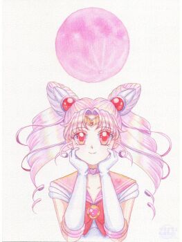 1girl 4696kurage bishoujo_senshi_sailor_moon brooch chibi_usa choker circlet cone_hair_bun double_bun elbow_gloves gem gloves hair_bun hair_ornament heart heart_brooch heart_choker highres jewelry long_hair looking_at_viewer moon painting_(medium) pink_hair pink_moon pink_sailor_collar red_eyes red_gem sailor_chibi_moon sailor_collar sailor_senshi_uniform simple_background smile solo traditional_media tsukimi watercolor_(medium) white_background white_gloves