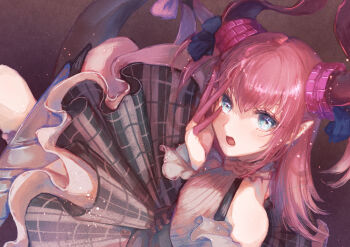 1girl absurdres bare_shoulders black_background black_corset black_skirt black_tail blue_bow blue_eyes bow bow_button circle_skirt collared_shirt colored_extremities corset cowboy_shot demon_girl demon_horns detached_sleeves elizabeth_bathory_(fate) elizabeth_bathory_(second_ascension)_(fate) eyelashes fate/grand_order fate_(series) floating_clothes floating_hair frilled_shirt frilled_skirt frilled_sleeves frilled_thigh_strap frills grey_sleeves hair_bow halter_shirt halterneck hand_on_own_cheek hand_on_own_face highres hinori_(hinorinr) horns light_blush light_particles lips long_fingers long_hair long_sleeves miniskirt open_mouth pink_bow pink_hair pink_horns plaid_clothes plaid_skirt pleated_skirt pointy_ears pointy_nose purple_bow shirt skirt sleeveless sleeveless_shirt solo tail tail_bow tail_ornament thigh_strap two_side_up very_long_hair white_shirt