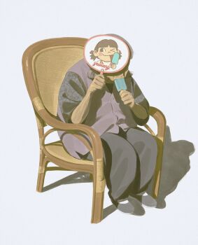 Rule 34 | 1girl, black pants, blush stickers, brown hair, chair, commentary, eating, food, food in mouth, fujiya, full body, grey hair, hand fan, highres, holding, holding fan, holding food, holding popsicle, jiankun yu, licking, medium hair, old, old woman, on chair, one eye closed, pants, peko-chan, popsicle, popsicle in mouth, purple vest, shadow, simple background, sitting, solo, tongue, twintails, vest, white background